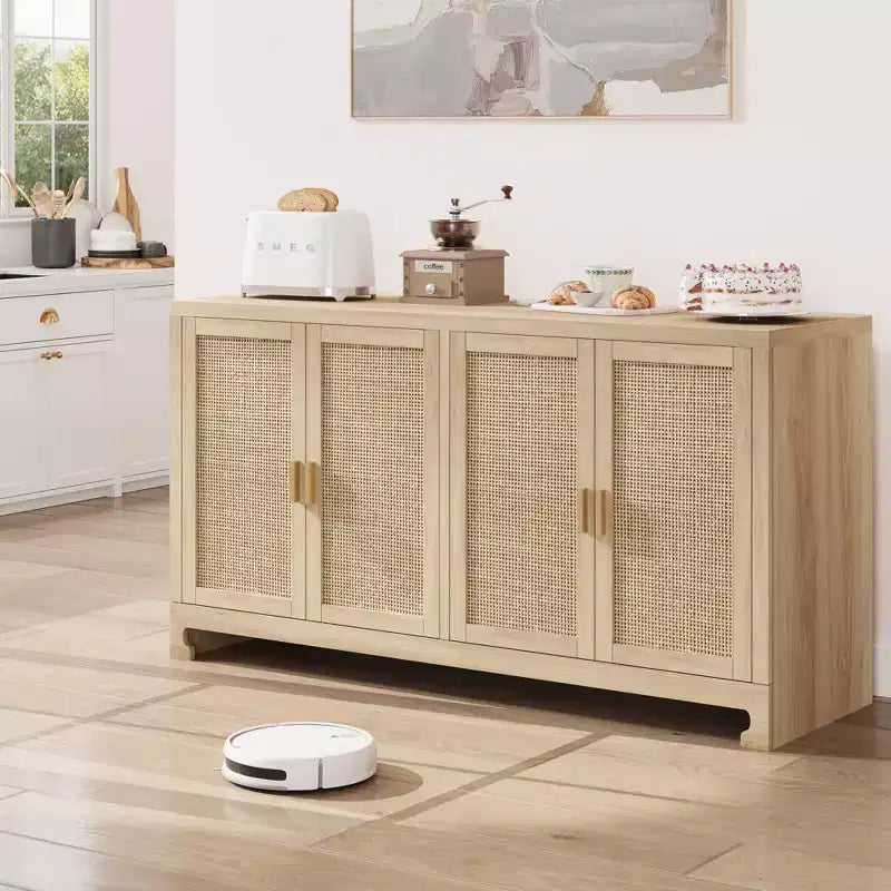 Meuble de rangement d'appoint en rotin GustoWave avec 4 portes et étagère – Buffet moderne pour bar à café, salle à manger, cuisine, salon