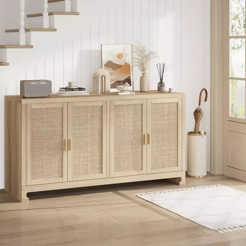 Meuble de rangement d'appoint en rotin GustoWave avec 4 portes et étagère – Buffet moderne pour bar à café, salle à manger, cuisine, salon