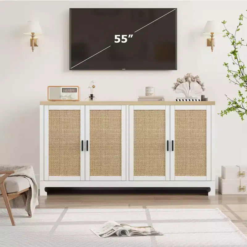 Meuble de rangement d'appoint en rotin GustoWave avec 4 portes et étagère – Buffet moderne pour bar à café, salle à manger, cuisine, salon