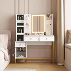 Coiffeuse, Bureau de Vanité à 3 Modes d'Éclairage avec Tabouret Rembourré Doux, Table de Maquillage Moderne avec 3 Tiroirs, un Placard et des Étagères Ouvertes