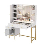 Coiffeuse, Bureau de Vanité à 3 Modes d'Éclairage avec Tabouret Rembourré Doux, Table de Maquillage Moderne avec 3 Tiroirs, un Placard et des Étagères Ouvertes