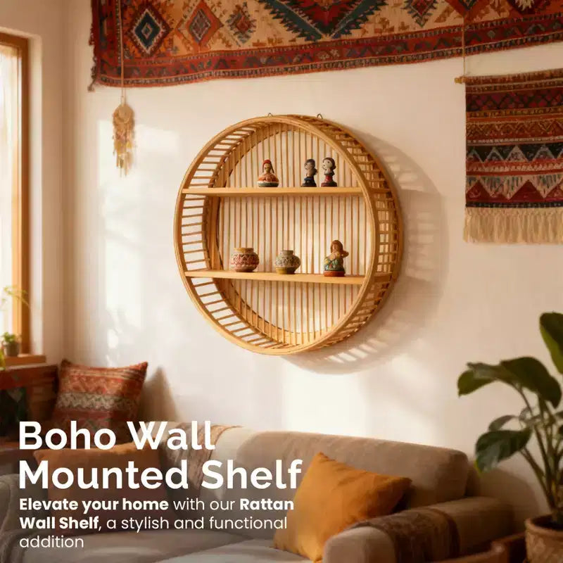 Étagère murale ronde en bambou Vintiquewise à 2 niveaux en bois – Décoration murale naturelle à suspendre et présentoir flottant pour la maison, le salon, le bureau