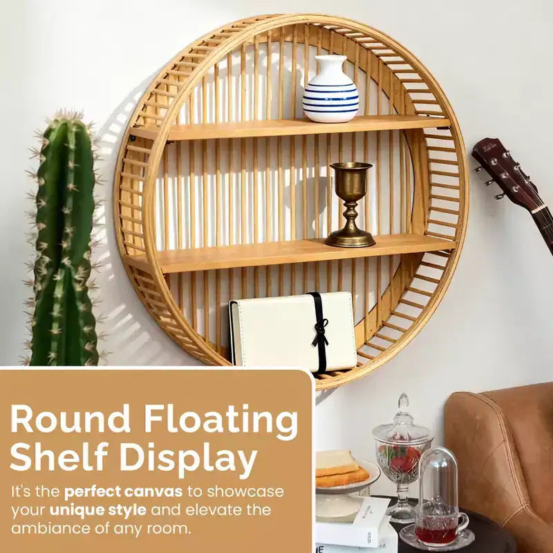 Étagère murale ronde en bambou Vintiquewise à 2 niveaux en bois – Décoration murale naturelle à suspendre et présentoir flottant pour la maison, le salon, le bureau
