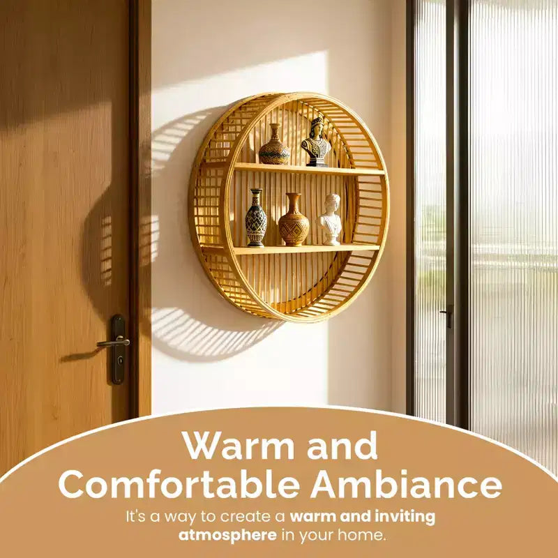 Étagère murale ronde en bambou Vintiquewise à 2 niveaux en bois – Décoration murale naturelle à suspendre et présentoir flottant pour la maison, le salon, le bureau