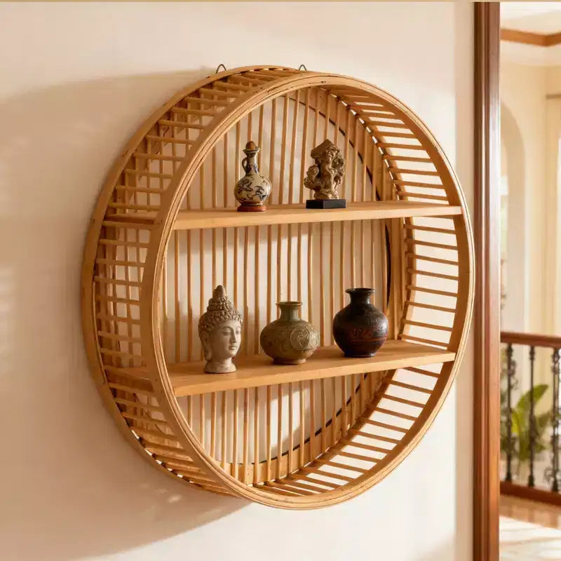 Étagère murale ronde en bambou Vintiquewise à 2 niveaux en bois – Décoration murale naturelle à suspendre et présentoir flottant pour la maison, le salon, le bureau