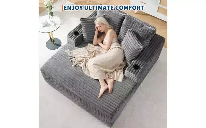 Fauteuil de salon surdimensionné 64 - Canapé-lit sans armature en velours côtelé avec coussins et porte-gobelets, canapé-lit confortable à assise profonde