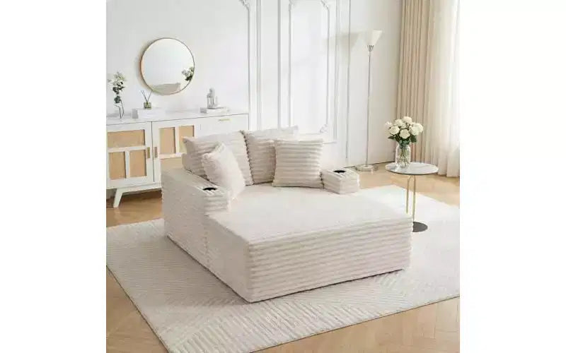 64 Oversized Chaise Lounge Chair - Corduroy Upholstered Boneless Sofa Bed with Throw Pillows & Cup Holders, Comfy Deep Seat Sleeper Couch