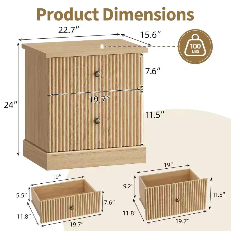 Table de chevet à tiroirs cannelés, table de chevet de style moderne du milieu du siècle avec base à bords incurvés, rangement peu encombrant pour chambre et salon
