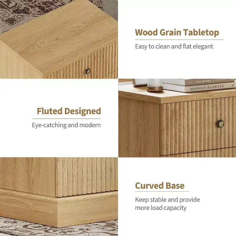 Table de chevet à tiroirs cannelés, table de chevet de style moderne du milieu du siècle avec base à bords incurvés, rangement peu encombrant pour chambre et salon