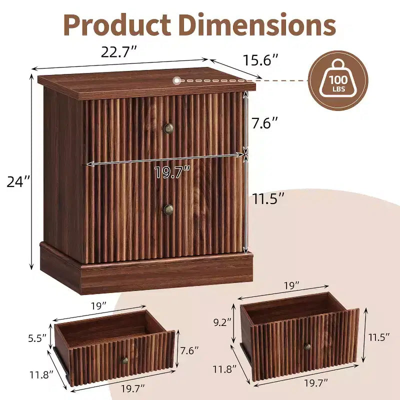 Table de chevet à tiroirs cannelés, table de chevet de style moderne du milieu du siècle avec base à bords incurvés, rangement peu encombrant pour chambre et salon