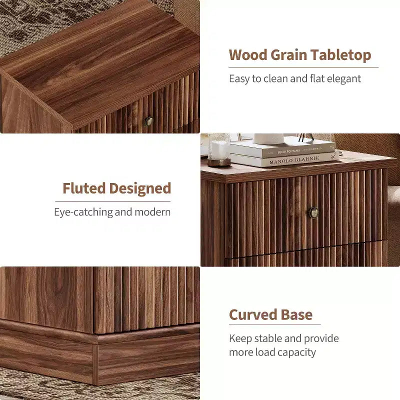 Table de chevet à tiroirs cannelés, table de chevet de style moderne du milieu du siècle avec base à bords incurvés, rangement peu encombrant pour chambre et salon