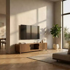 Meuble TV cannelé de 70 po en noyer pour téléviseurs jusqu'à 75 po - Console multimédia moderne du milieu du siècle avec rangement dissimulé, étagères réglables et gestion des câbles