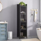 MAYEERTY Meuble de rangement moderne à quatre niveaux en verre avec cinq étagères pour salon ou salle de bain, noir