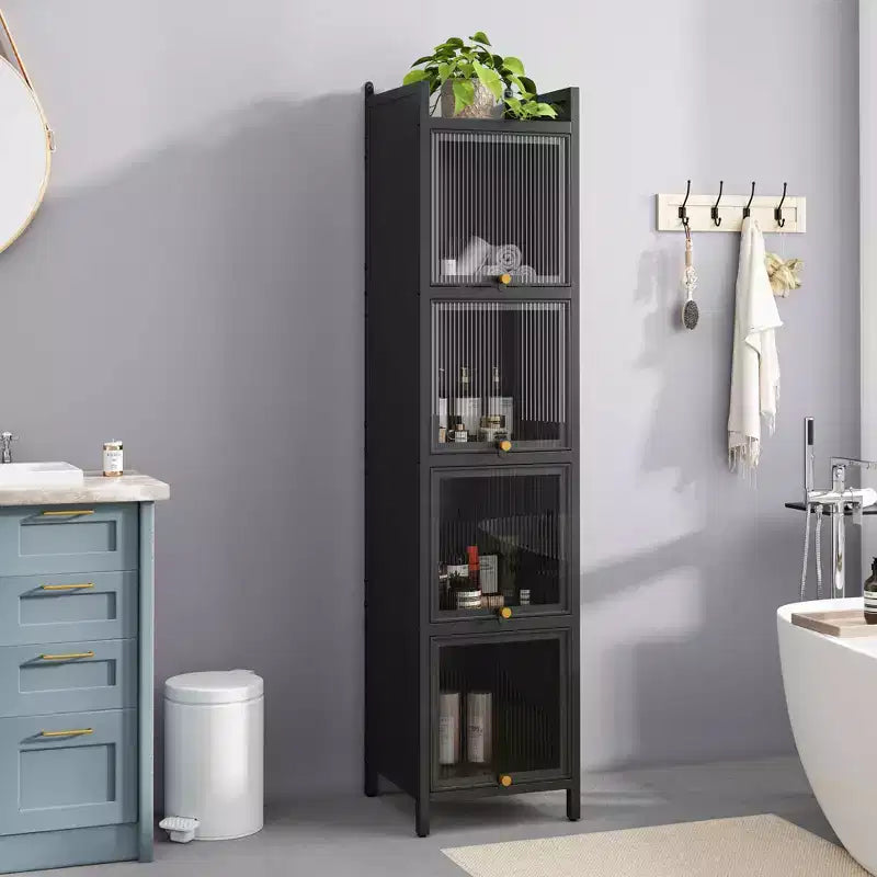 MAYEERTY Meuble de rangement moderne à quatre niveaux en verre avec cinq étagères pour salon ou salle de bain, noir