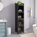 MAYEERTY Meuble de rangement moderne à quatre niveaux en verre avec cinq étagères pour salon ou salle de bain, noir
