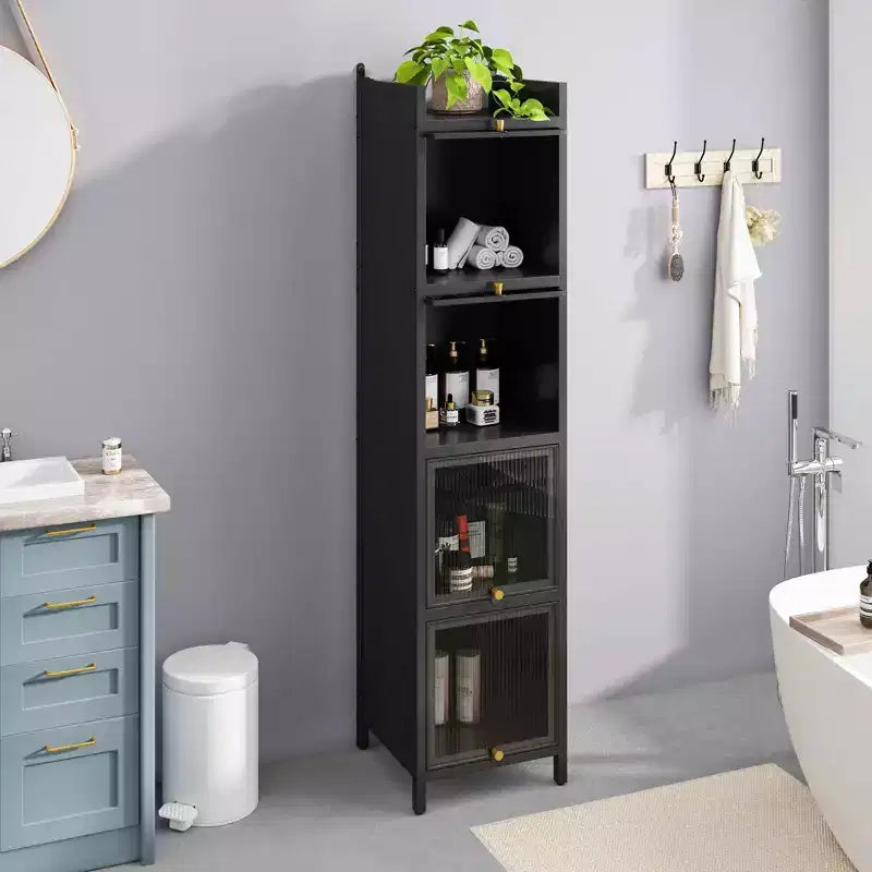 MAYEERTY Meuble de rangement moderne à quatre niveaux en verre avec cinq étagères pour salon ou salle de bain, noir