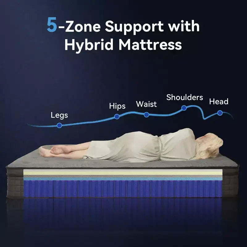 Matelas Sailvan en boîte, matelas hybride de 12 pouces avec mousse à mémoire de forme infusée de gel rafraîchissant et ressorts ensachés, fermeté moyenne, gris