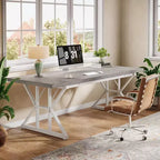 Grand bureau de direction Lantine de 180 cm, bureau d'ordinateur industriel pour la maison, longue table d'étude simple, mobilier de bureau (gris/blanc)