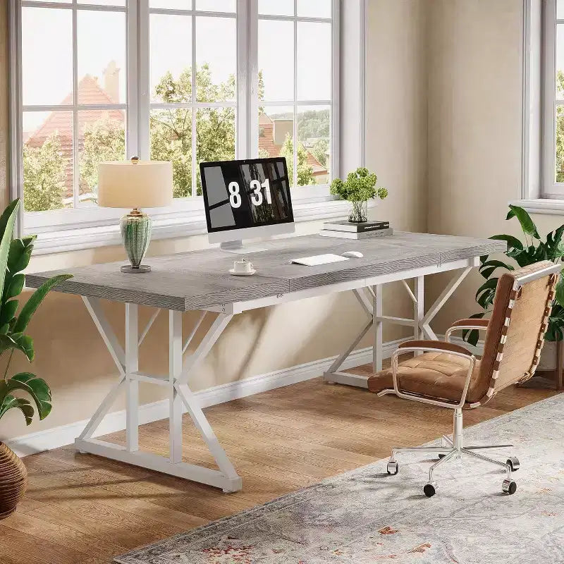 Grand bureau de direction Lantine de 180 cm, bureau d'ordinateur industriel pour la maison, longue table d'étude simple, mobilier de bureau (gris/blanc)