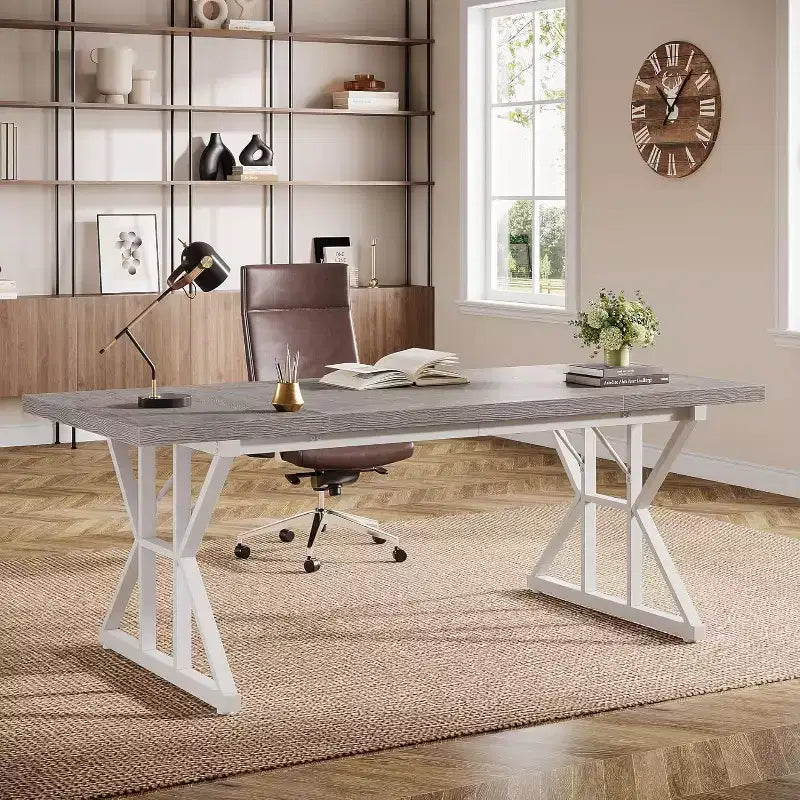 Grand bureau de direction Lantine de 180 cm, bureau d'ordinateur industriel pour la maison, longue table d'étude simple, mobilier de bureau (gris/blanc)