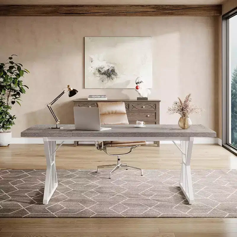 Grand bureau de direction Lantine de 180 cm, bureau d'ordinateur industriel pour la maison, longue table d'étude simple, mobilier de bureau (gris/blanc)