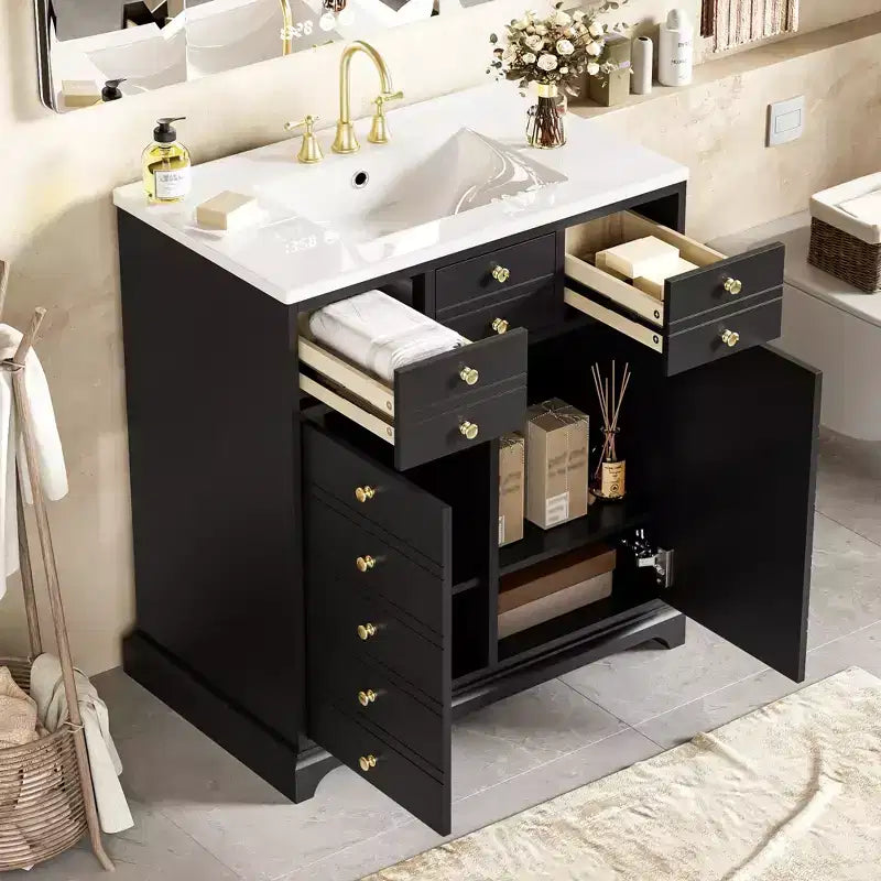 Meuble-lavabo de salle de bain de 91 cm de style rustique, avec évier, meuble de salle de bain moderne indépendant à lavabo simple avec 2 tiroirs et 2 placards