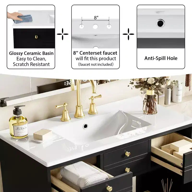 Meuble-lavabo de salle de bain de 91 cm de style rustique, avec évier, meuble de salle de bain moderne indépendant à lavabo simple avec 2 tiroirs et 2 placards