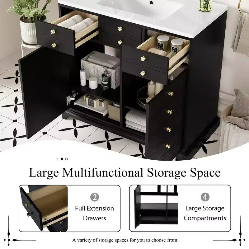 Meuble-lavabo de salle de bain de 91 cm de style rustique, avec évier, meuble de salle de bain moderne indépendant à lavabo simple avec 2 tiroirs et 2 placards