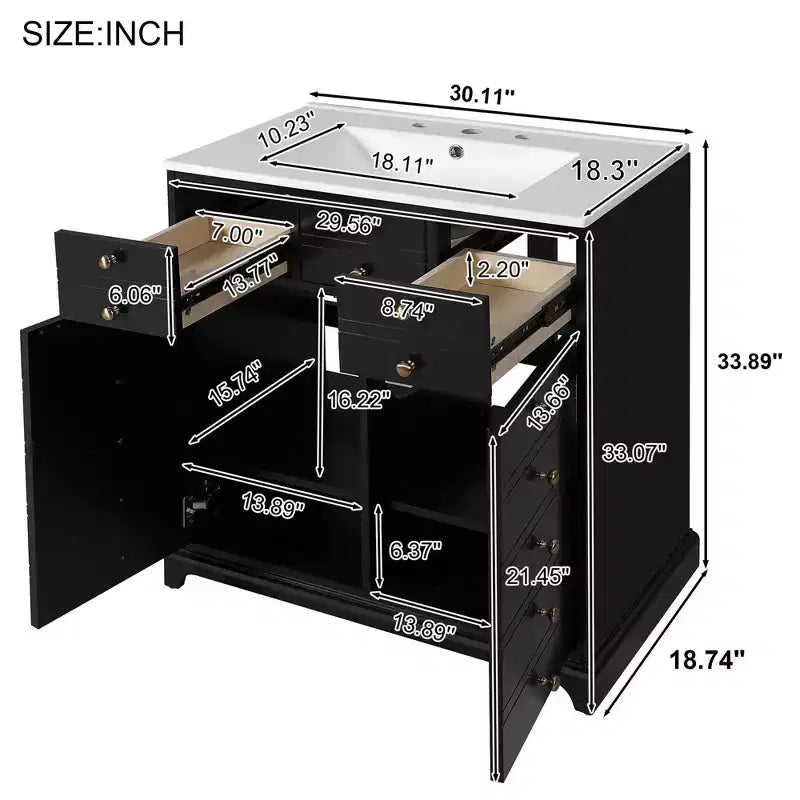 Meuble-lavabo de salle de bain de 91 cm de style rustique, avec évier, meuble de salle de bain moderne indépendant à lavabo simple avec 2 tiroirs et 2 placards