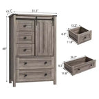 Commode de chambre à 5 tiroirs de style ferme, commode en bois avec porte de grange coulissante, étagère réglable, organisateur de rangement pour chambre à coucher