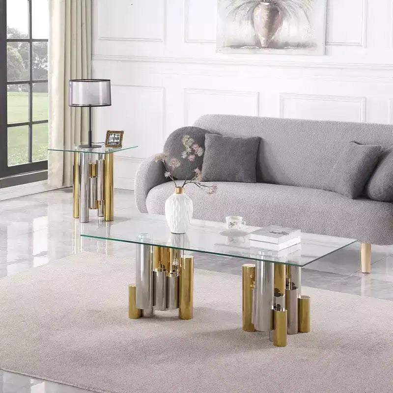 Rectangular Coffee Table with Clear Tempered Glass Top, Stainless Steel Frame Modern Sleek Center Table, Mid Century Center Table