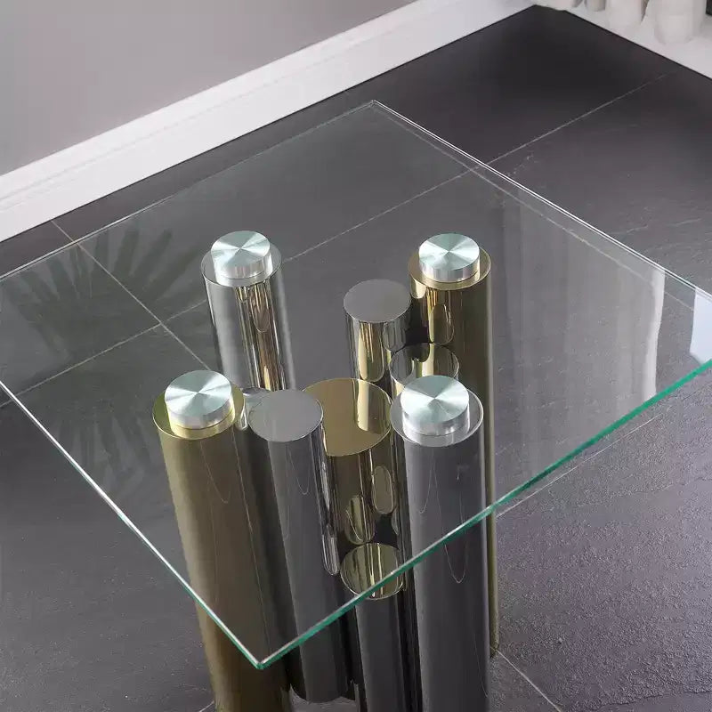 Table basse rectangulaire avec plateau en verre trempé transparent, cadre en acier inoxydable, table d'appoint élégante et moderne, table d'appoint du milieu du siècle
