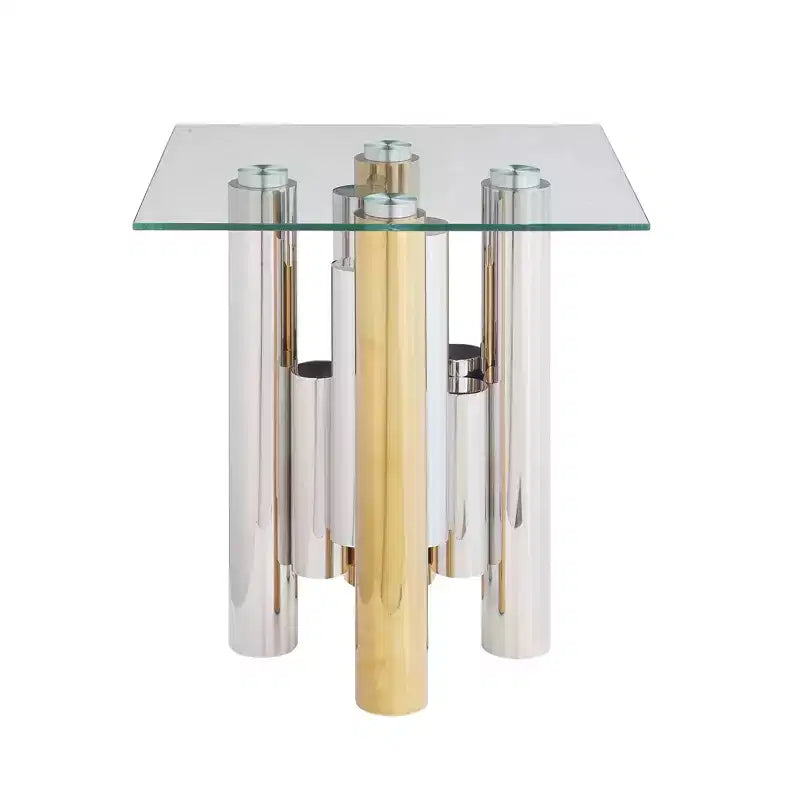 Table basse rectangulaire avec plateau en verre trempé transparent, cadre en acier inoxydable, table d'appoint élégante et moderne, table d'appoint du milieu du siècle