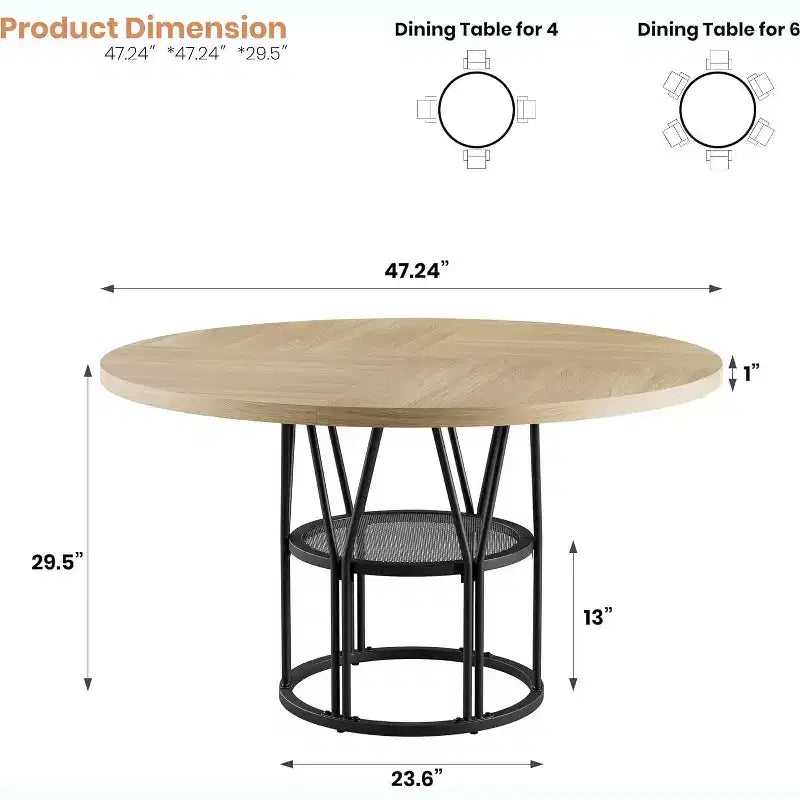 Table à manger ronde Acekool 47 avec étagère de rangement, table de cuisine à cadre métallique robuste pour salle à manger ou bureau