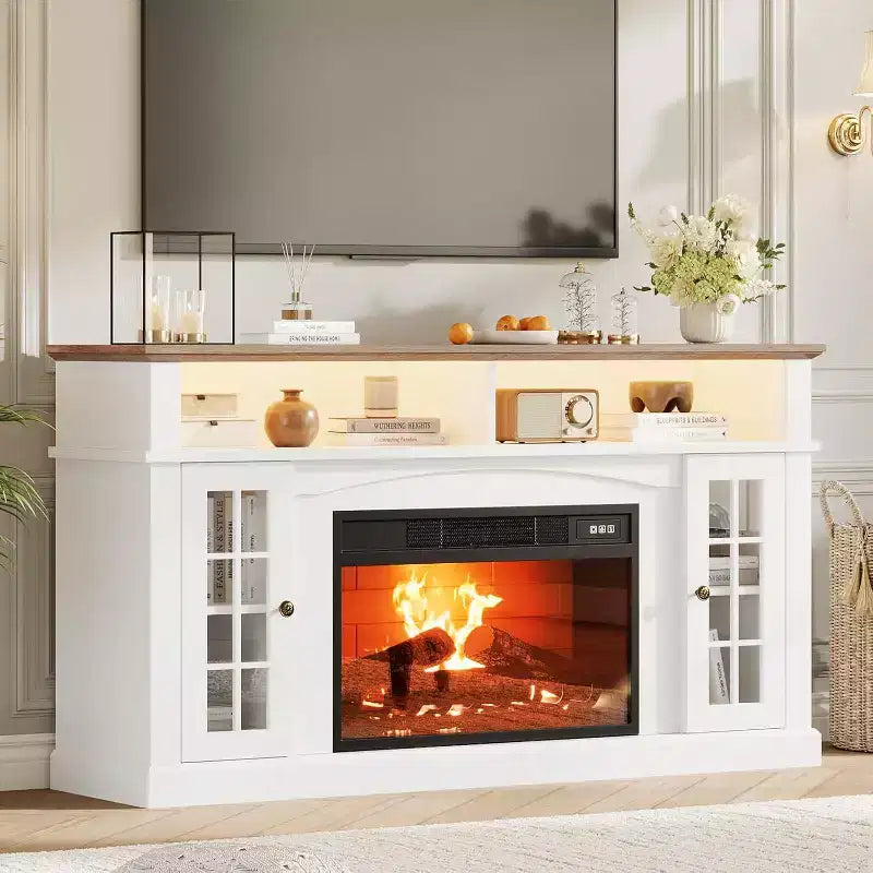 Meuble TV moderne de 58 pouces pour téléviseurs de 70 pouces - Meuble avec portes vitrées et étagère réglable, convient pour cheminée électrique de 23 pouces