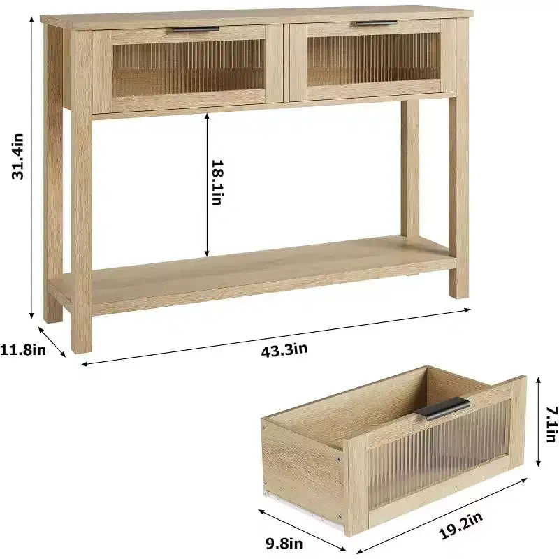 Acekool Table console rustique de ferme, Table de canapé en bois de 109 cm avec 2 tiroirs à façade en verre, Étagère de rangement ouverte à 2 niveaux, Accent moderne pour couloir