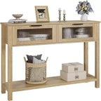 Acekool Table console rustique de ferme, Table de canapé en bois de 109 cm avec 2 tiroirs à façade en verre, Étagère de rangement ouverte à 2 niveaux, Accent moderne pour couloir
