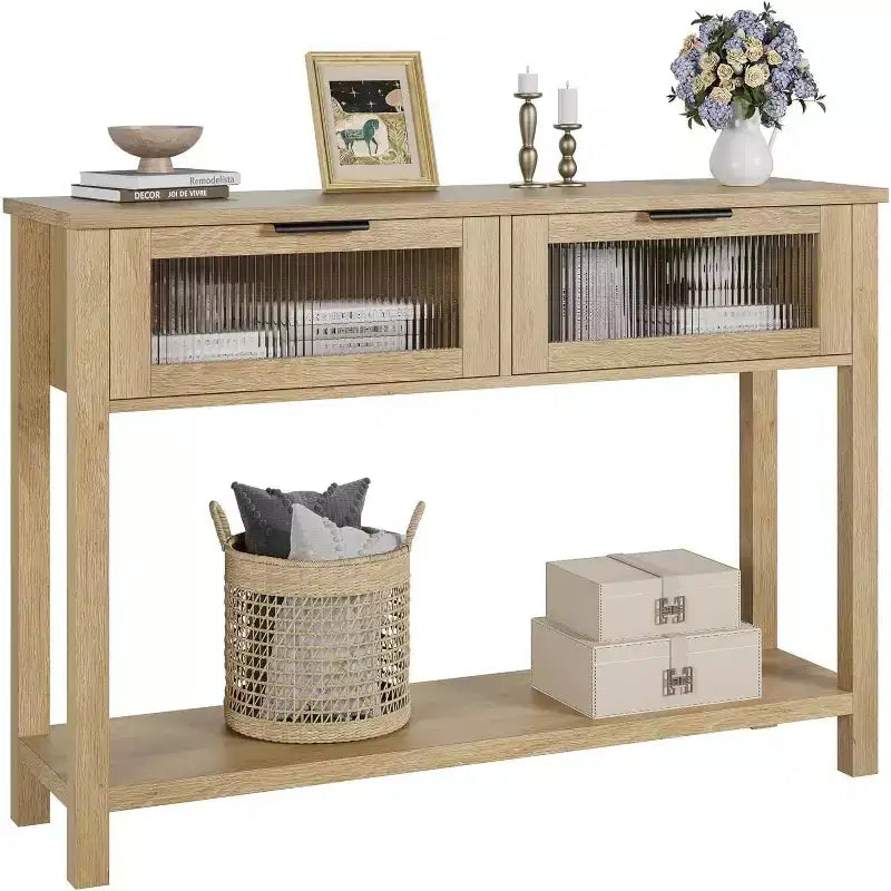Acekool Table console rustique de ferme, Table de canapé en bois de 109 cm avec 2 tiroirs à façade en verre, Étagère de rangement ouverte à 2 niveaux, Accent moderne pour couloir