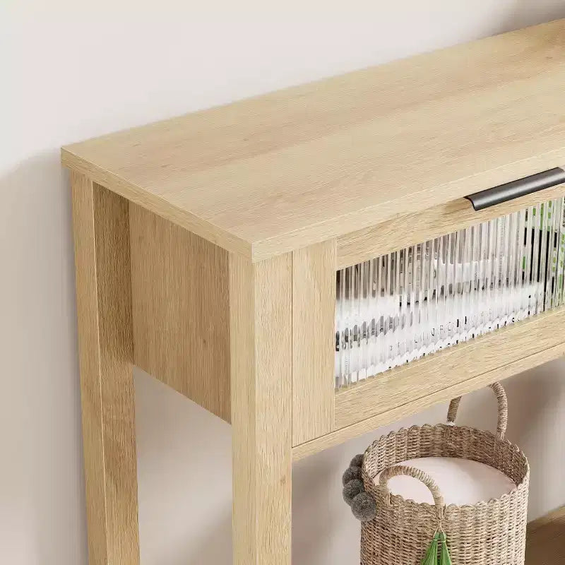 Acekool Table console rustique de ferme, Table de canapé en bois de 109 cm avec 2 tiroirs à façade en verre, Étagère de rangement ouverte à 2 niveaux, Accent moderne pour couloir