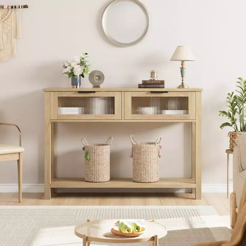 Acekool Table console rustique de ferme, Table de canapé en bois de 109 cm avec 2 tiroirs à façade en verre, Étagère de rangement ouverte à 2 niveaux, Accent moderne pour couloir