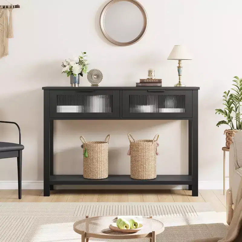 Acekool Table console rustique de ferme, Table de canapé en bois de 109 cm avec 2 tiroirs à façade en verre, Étagère de rangement ouverte à 2 niveaux, Accent moderne pour couloir
