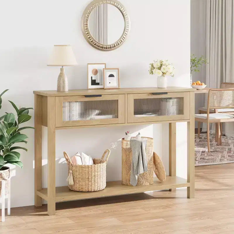 Acekool Table console rustique de ferme, Table de canapé en bois de 109 cm avec 2 tiroirs à façade en verre, Étagère de rangement ouverte à 2 niveaux, Accent moderne pour couloir