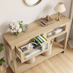 Acekool Table console rustique de ferme, Table de canapé en bois de 109 cm avec 2 tiroirs à façade en verre, Étagère de rangement ouverte à 2 niveaux, Accent moderne pour couloir