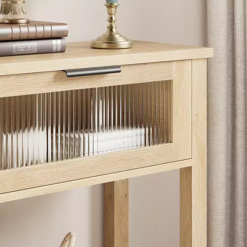 Acekool Table console rustique de ferme, Table de canapé en bois de 109 cm avec 2 tiroirs à façade en verre, Étagère de rangement ouverte à 2 niveaux, Accent moderne pour couloir