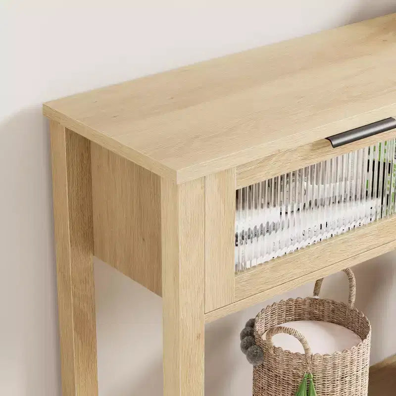 Acekool Table console rustique de ferme, Table de canapé en bois de 109 cm avec 2 tiroirs à façade en verre, Étagère de rangement ouverte à 2 niveaux, Accent moderne pour couloir