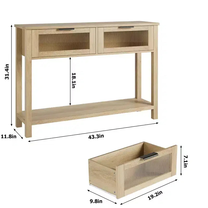 Acekool Table console rustique de ferme, Table de canapé en bois de 109 cm avec 2 tiroirs à façade en verre, Étagère de rangement ouverte à 2 niveaux, Accent moderne pour couloir