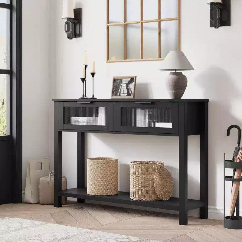 Acekool Table console rustique de ferme, Table de canapé en bois de 109 cm avec 2 tiroirs à façade en verre, Étagère de rangement ouverte à 2 niveaux, Accent moderne pour couloir