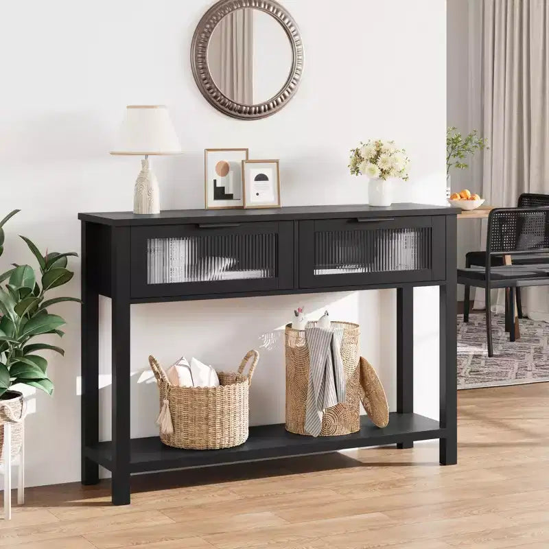 Acekool Table console rustique de ferme, Table de canapé en bois de 109 cm avec 2 tiroirs à façade en verre, Étagère de rangement ouverte à 2 niveaux, Accent moderne pour couloir