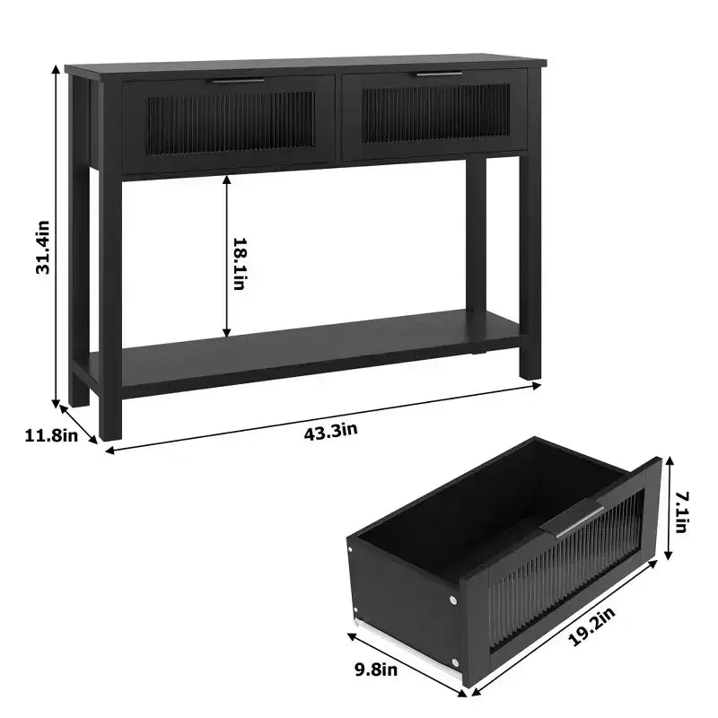 Acekool Table console rustique de ferme, Table de canapé en bois de 109 cm avec 2 tiroirs à façade en verre, Étagère de rangement ouverte à 2 niveaux, Accent moderne pour couloir