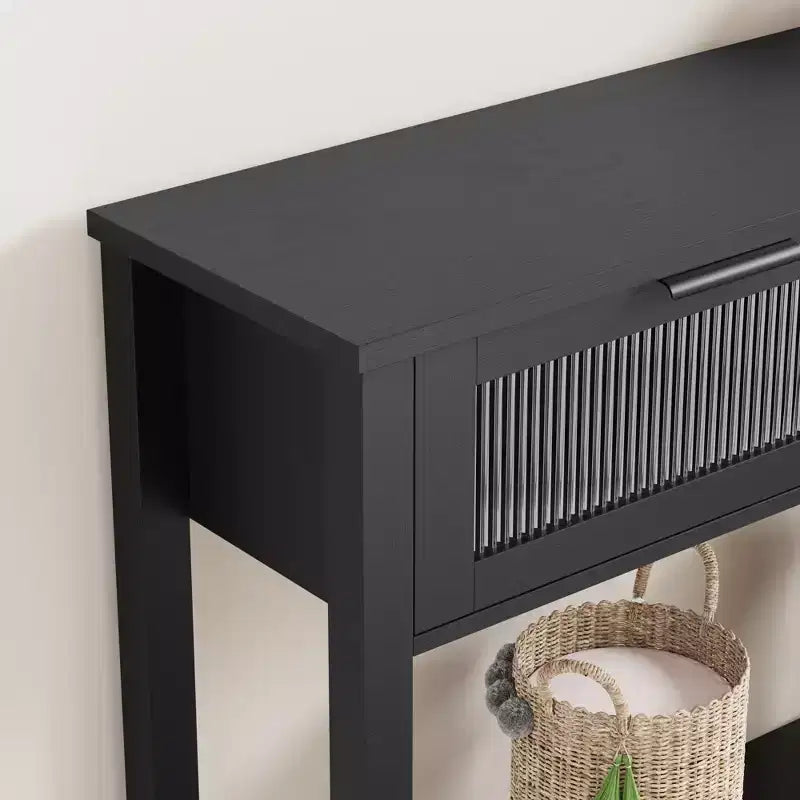Acekool Table console rustique de ferme, Table de canapé en bois de 109 cm avec 2 tiroirs à façade en verre, Étagère de rangement ouverte à 2 niveaux, Accent moderne pour couloir